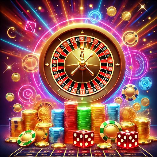 A vibrant casino-themed image featuring a glowing roulette wheel in the background surrounded by golden coins, colorful poker chips, and dice, all set against a radiant, neon-lit backdrop.