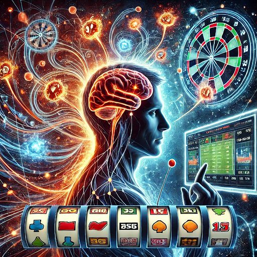A futuristic digital artwork depicting the psychology of gambling. A human figure with an illuminated brain is surrounded by neural connections, floating casino elements, and digital betting interfaces. Slot reels, dartboards, and sports betting screens highlight the mix of excitement, strategy, and adrenaline in online gambling.