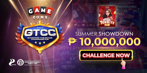Promotional banner for the GameZone Tablegame Champions Cup (GTCC) Summer Showdown, featuring a ₱10,000,000 prize pool. The image includes the GameZone logo, a “Challenge Now” button, and a visual of the Tongits Plus game. Game responsibly icons and age restriction warnings are also displayed.