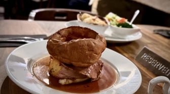 Yorkshire pudding served with roast beef and gravy during Sunday lunch at the Boothwood Inn in Rishworth, West Yorkshire