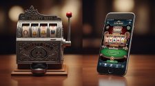 A vintage Liberty Bell-style slot machine beside a smartphone showing a modern online casino slot game, illustrating the evolution from classic reels to digital casino apps.