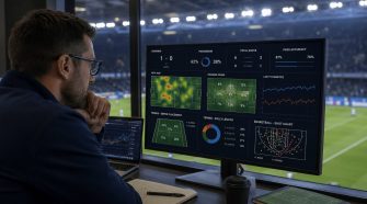 Sports analyst reviewing live sports statistics on a stadium monitor